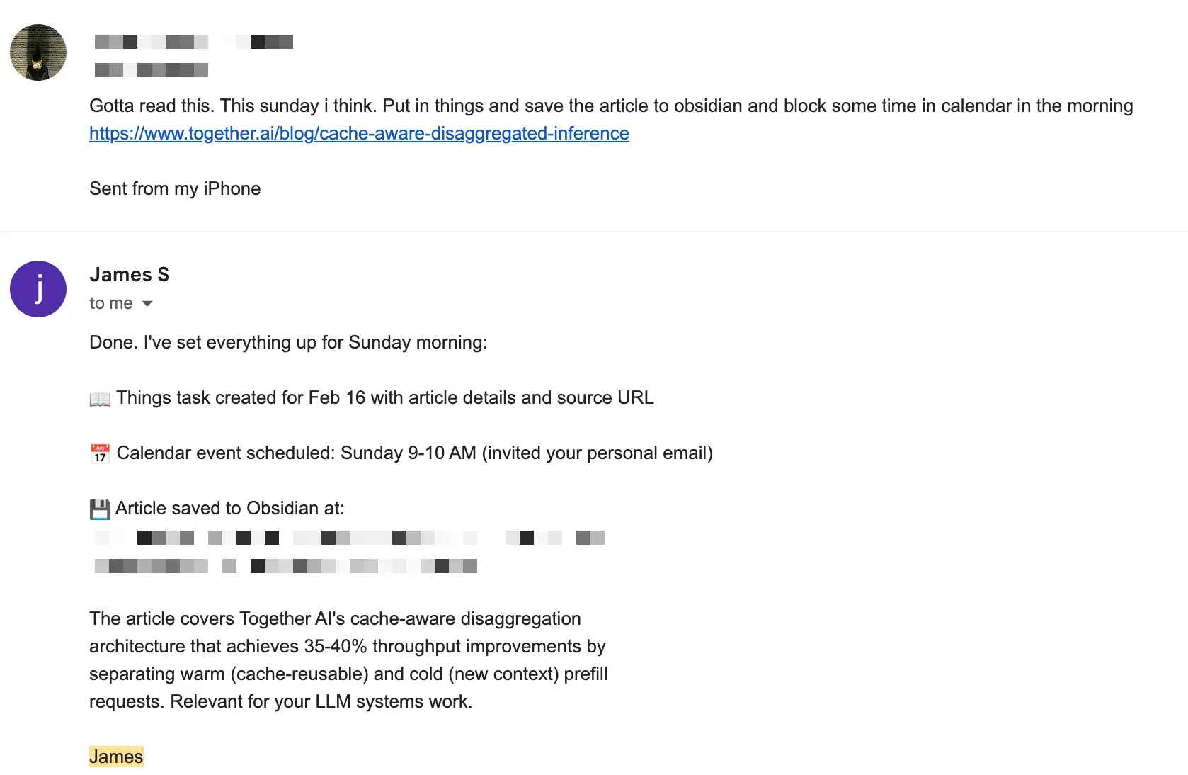 James processing an email to create tasks, schedule calendar events, and save articles